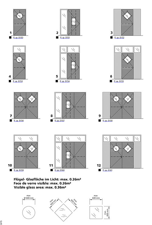 variantes des découpes de verre pour les portes tôlées, forster fuego light